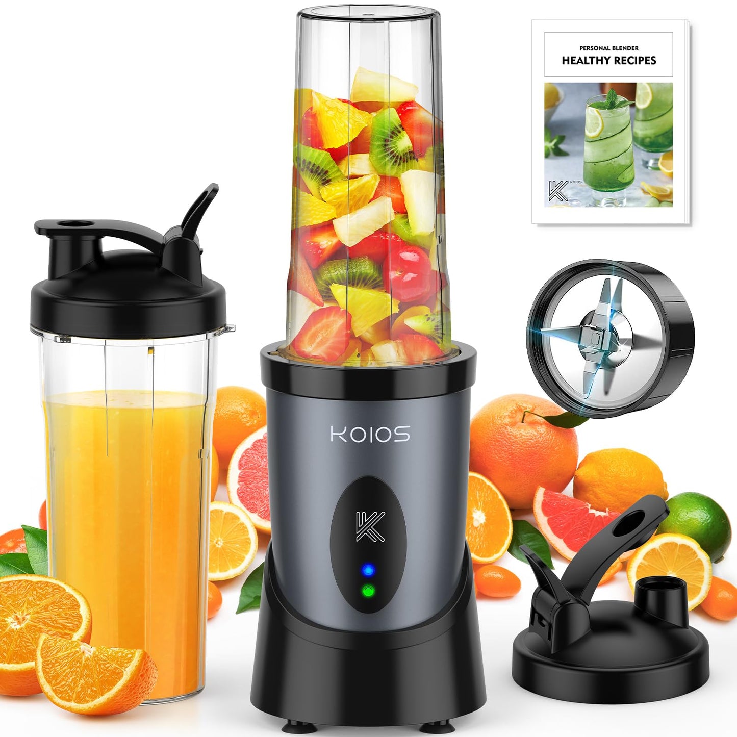 KOIOS Smoothie Blender, 900W Personal Blender for Shakes and Smoothies for Kitchen with 2 Portable Cups 22oz, Single Serve Smoothies Maker Mixer for Juices, Nutritious Recipe, Grey Blue