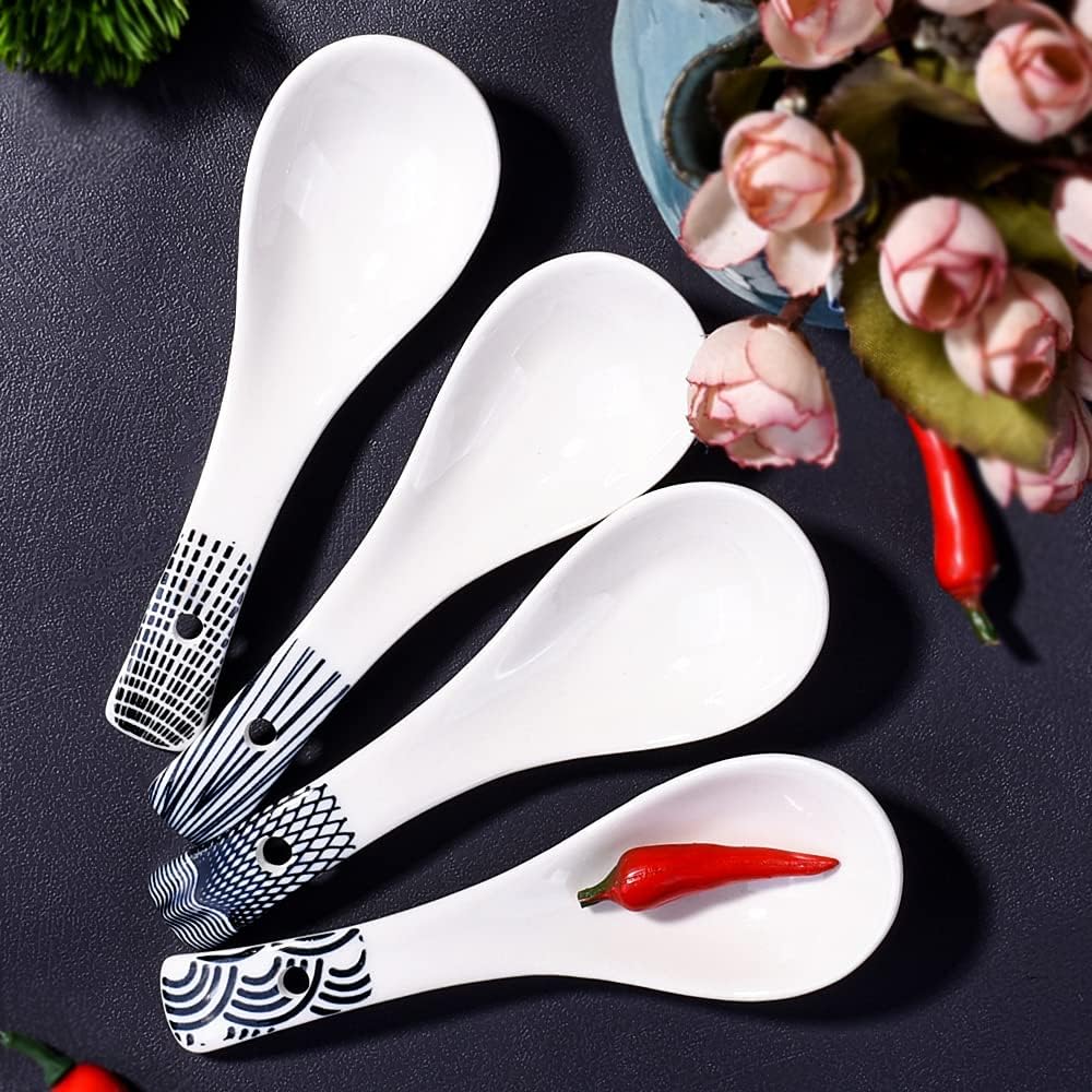 Japanese Soup Spoon Set of 4 - Small Black Style Soup Spoons for Ramen, Wonton, Oat Salad