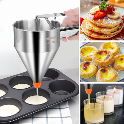 WIHBOIR Stainless Steel Pancake Batter Dispenser with Squeeze Handle and Multi-Nozzle, for Pancakes, Cupcakes, and Baked Goods. 40 oz