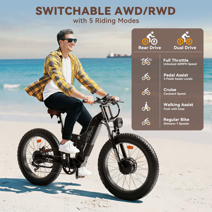 FREESKY 4000W Dual Motor Electric Bike for Adults, 48V 30AH Battery 120Miles Range, 40+MPH AWD Fast E-Bike, 26" Fat Tire Full Suspension Off-Road Mountain E Bike, Black, with Cycling Kits