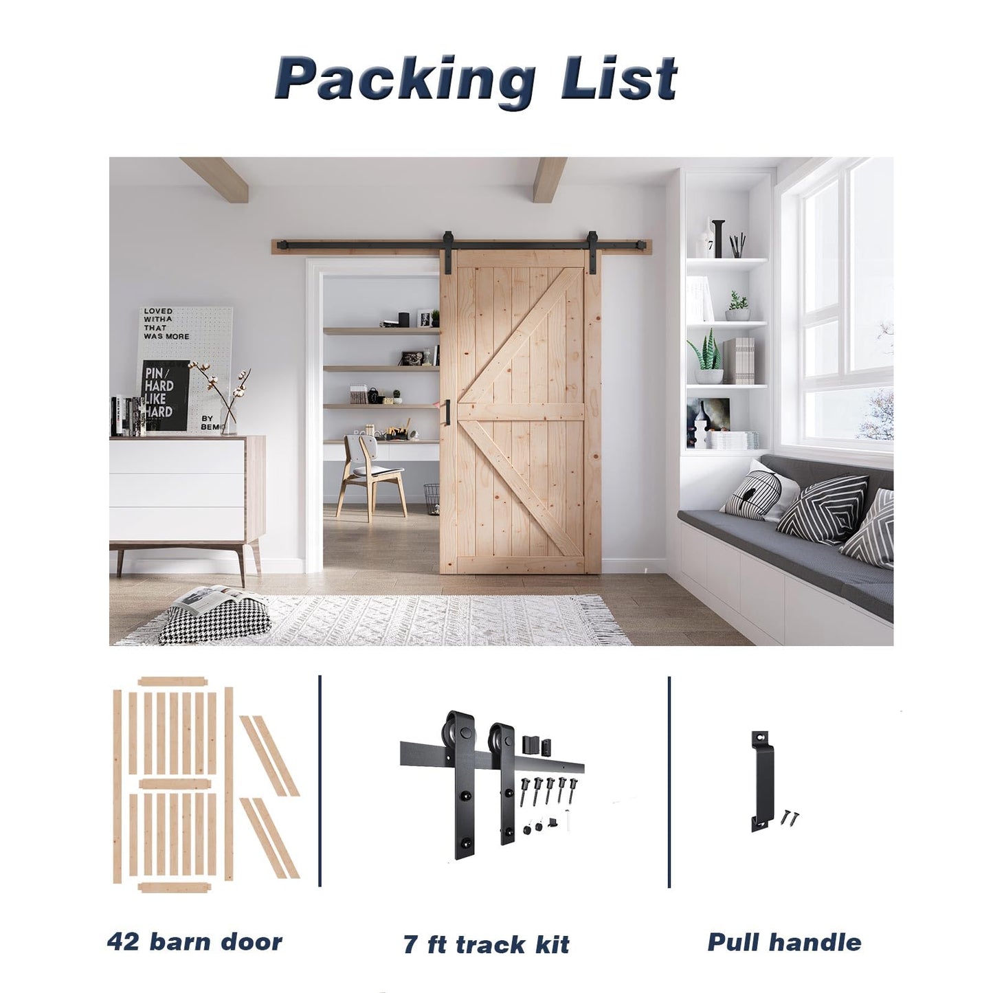 FREDBECK 40in x 84in Wood Barn Door with 7FT Barn Door Hardware Kit Included K Shape Solid Spruce Panel Need to Assembly
