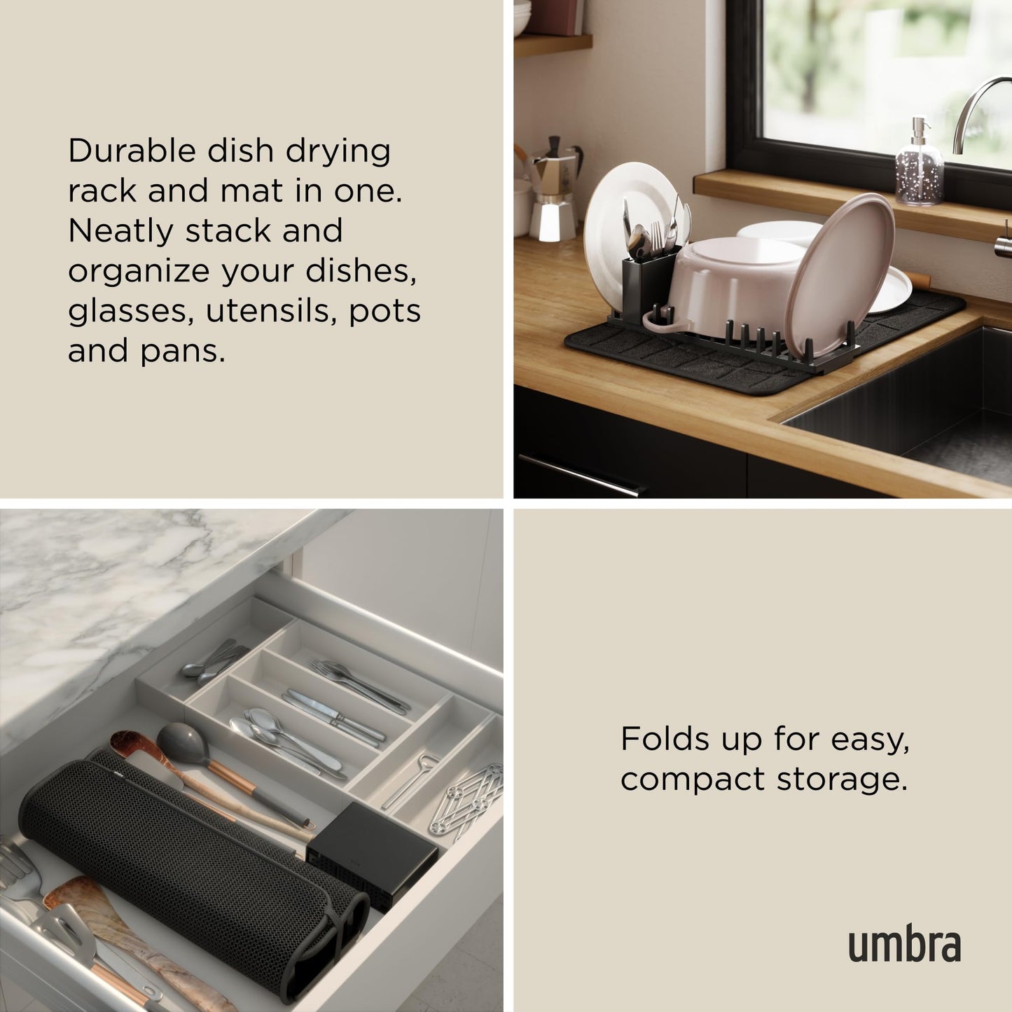 Umbra UDry Dish Drying Rack with Mat – Kitchen Countertop Dish Drainer & Absorbent Microfiber Drying Mat, Foldable Dish Rack Organizer for Plates, Cups & Utensils, Black