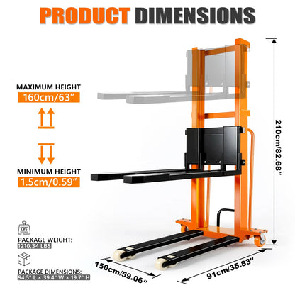 1100 Lbs Electric Manual Pallet Stacker, 63" Lift Height 1500W Powered Walkie Stacker with 48V 10Ah Battery, Manual Hand Forklift Pallet Truck for Warehouse, Logistics, Workshop