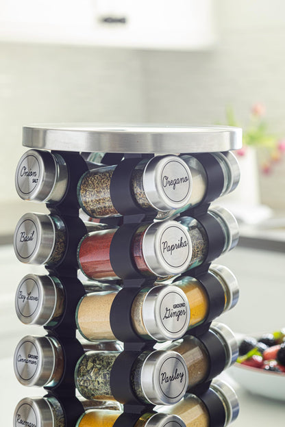Orii 20 Jar Rotating Spice Rack with Spices Included & 5-Year Free Spice Refill Program – Stainless Steel Revolving Countertop Spice Rack with 3 oz Glass Jars