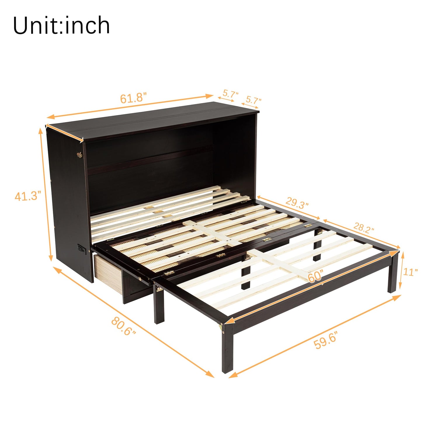 KEIKI Queen Murphy Bed w/Rattan Doors & Drawers, Space-Saving Foldable Wall Bed w/USB, Foldable Hidden Bed, Farmhouse Boho Style Guest & Living Room Bed, Espresso