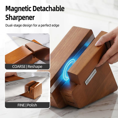 KnifeSaga Kitchen Knife Set with Block and Detachable Sharpener | 8-Piece High Carbon Stainless Steel Knife Block Set, Fully Forged Blades & Compact Design