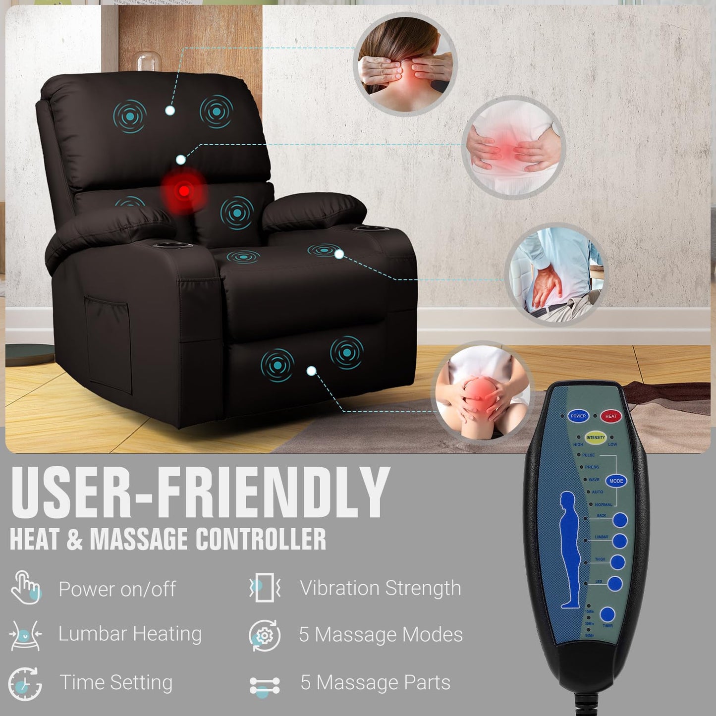 LAFWELL Rocking Recliner Chair, Massage Rocker Recliner Chair with Vibration Massage and Heat,360° Swivel Recliner Chairs, Living Room, Bedroom, Nursery, RV, Brown