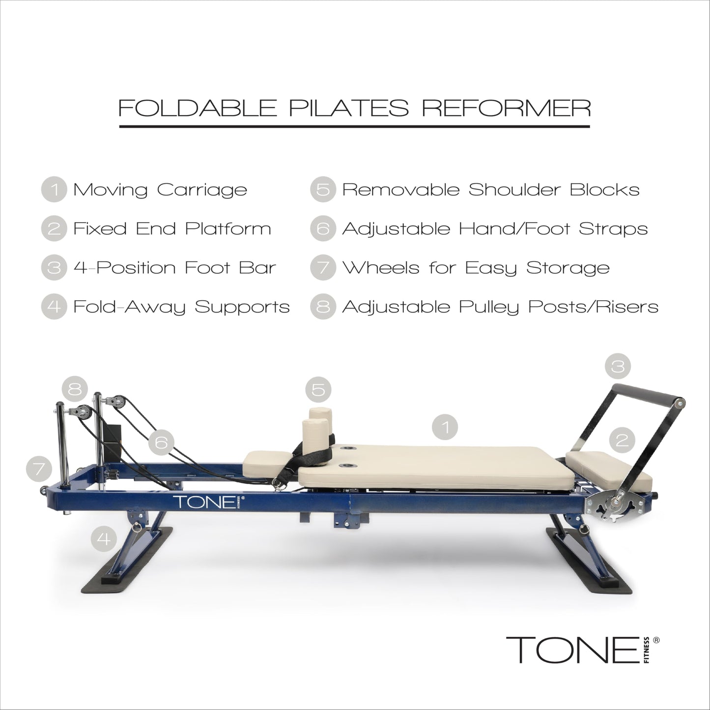 Tone Fitness Foldable Pilates Reformer – Portable Pilates Machine with Adjustable Resistance Bands, Smooth Glide Carriage & Full-Body At-Home Pilates Workout Equipment