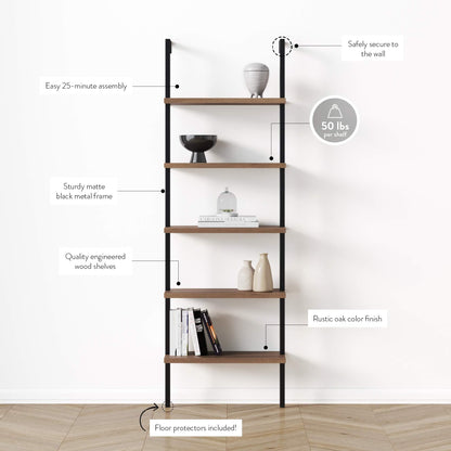 Nathan James Theo 5-Shelf Wood Modern Bookcase, Open Wall Mount Ladder Bookshelf with Industrial Black Metal Frame, Reclaimed Oak, Set of 2