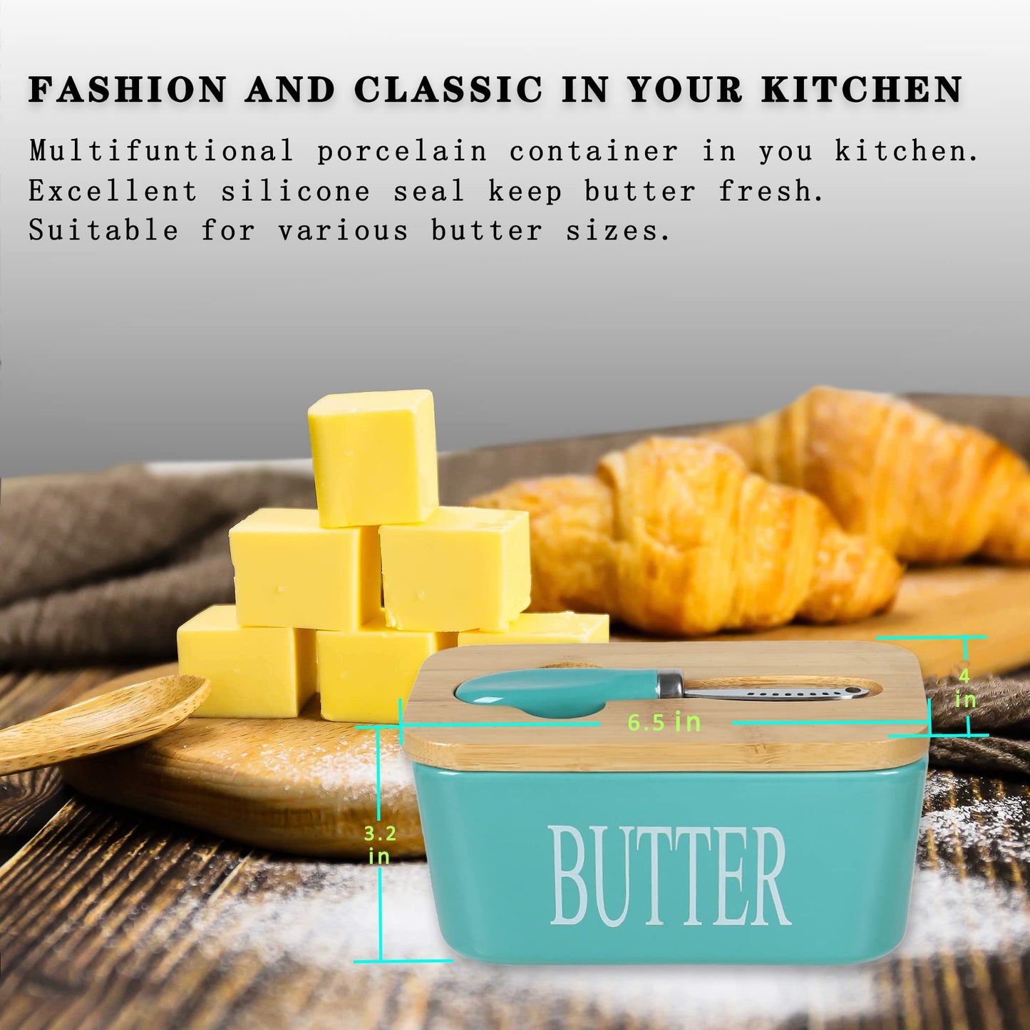Lovelyduo Large Butter Dish with Lid for Countertop Ceramic Butter Container with Knife Holder Spreader Double Silicone Seals Butte Keeper Rectangle Blue