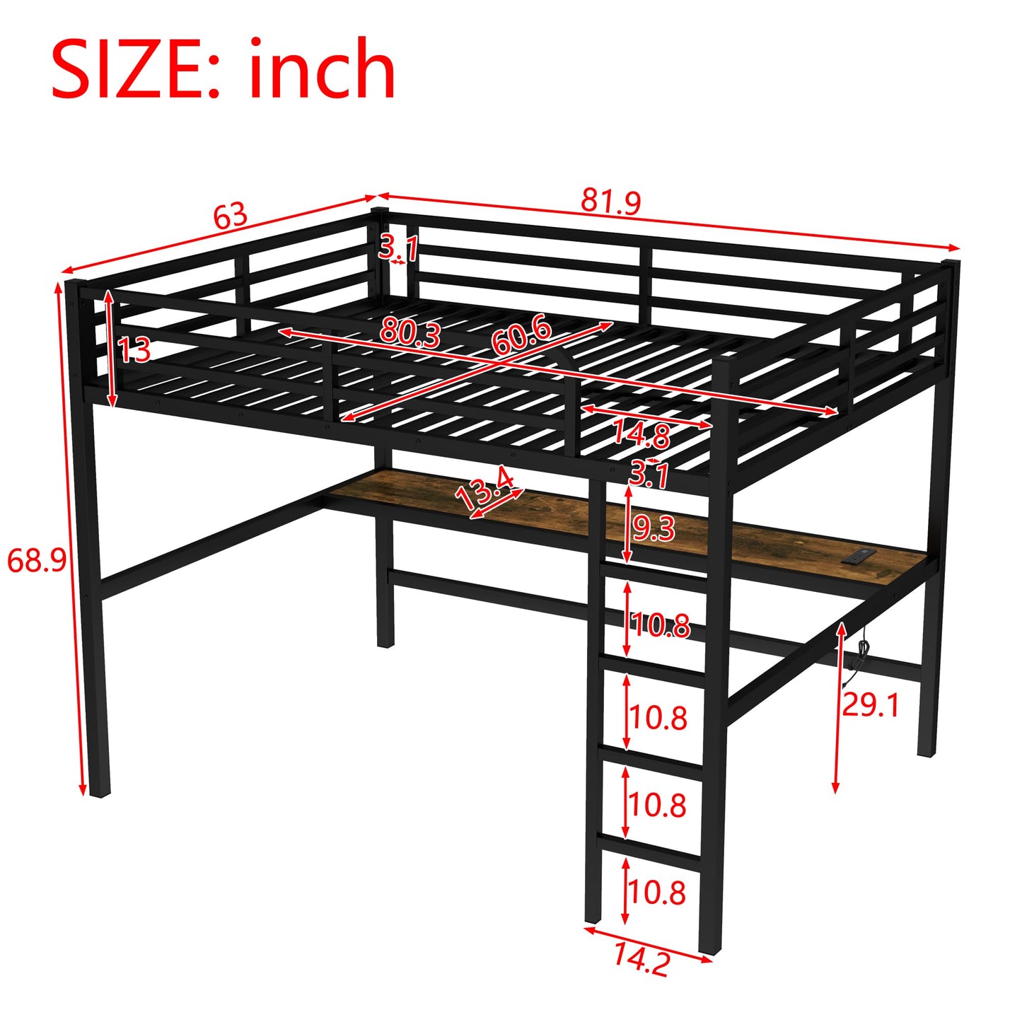 KEIKI Metal Queen Size Loft Bed with Power Outlet and LED Lighted, Space-Saving, Noise Reduced, Black