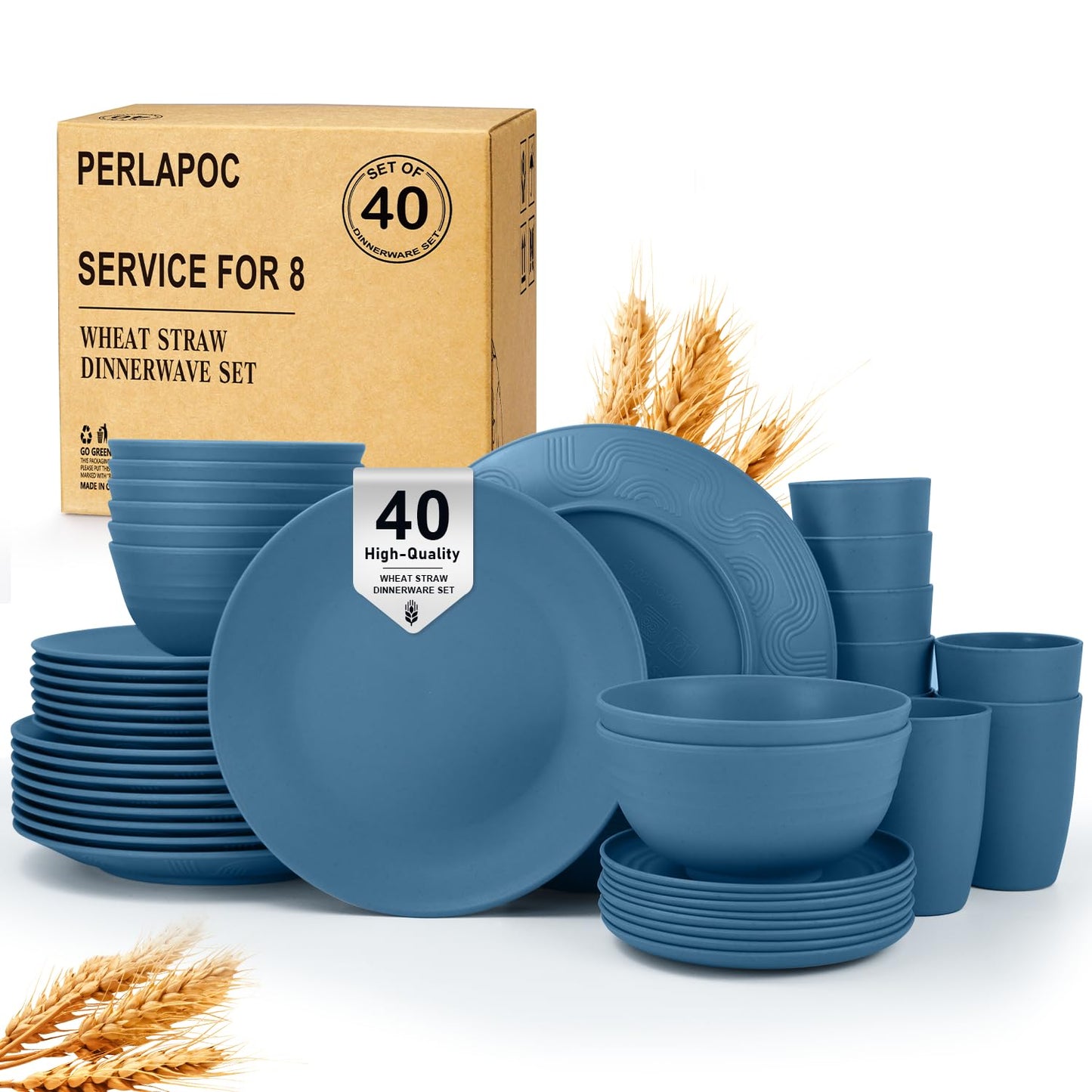 Wheat Straw Dinnerware Set 40-Piece Service for 8 Unbreakable Dishes Set Plates and Bowls Sets Drinking Glasses Microwave Safe Dish Set Lightweight Dinnerware Set for Home & Kitchen - Yellow