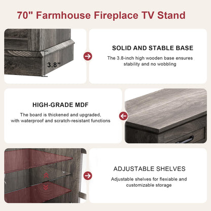 MXV 70" Fireplace TV Stand, 3-Sided Glass Fireplace and Modern Entertainment Center, Wooden Media Console with Glass Doors & Storage Drawers, LED Light, for Living Room, Grey