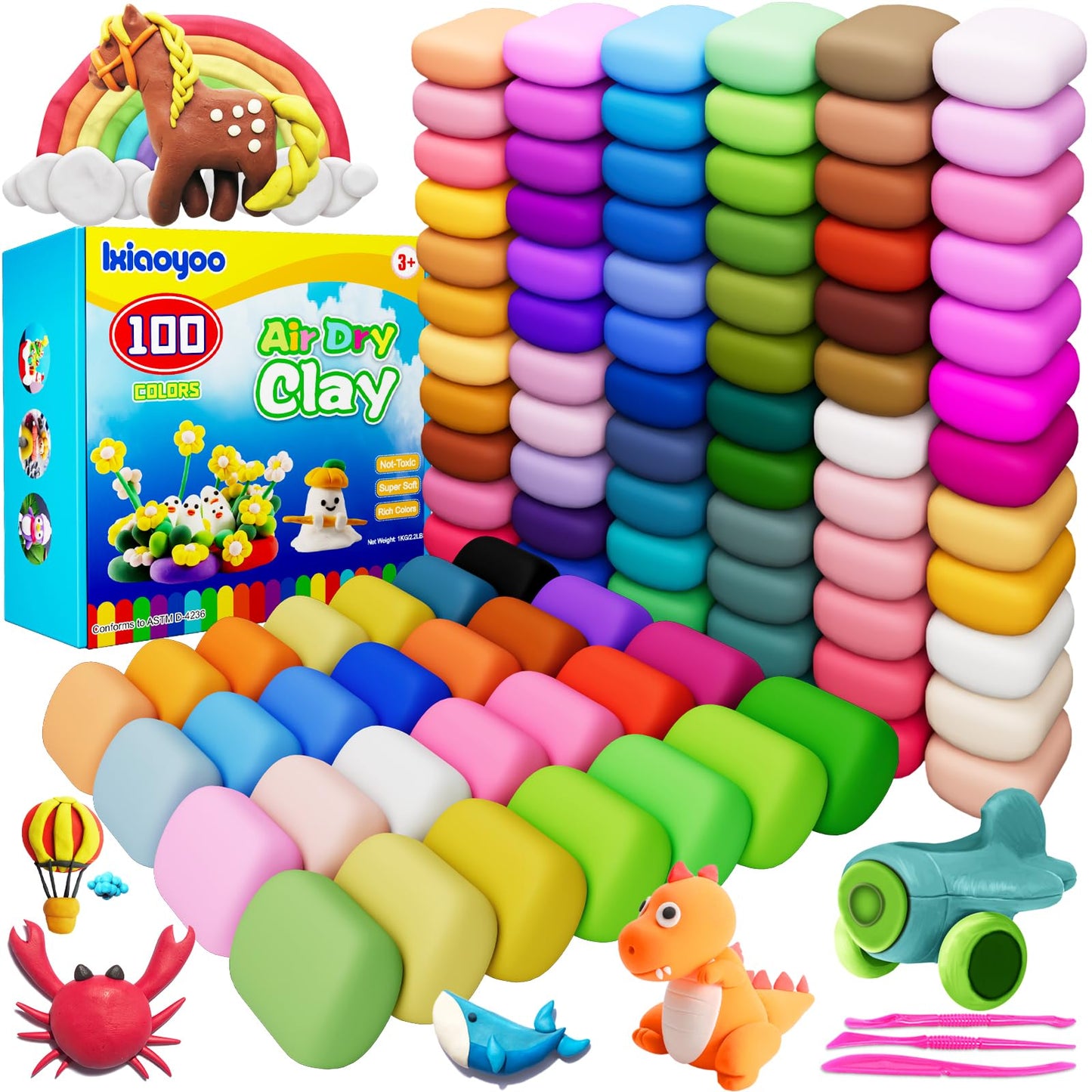 Ixiaoyoo Air Dry Clay, 100 Colors Modeling Clay for Kids, Safe & Non-Toxic, DIY Model Art & Crafts Toys with Sculpting Tools, Home Party Favors, Birthday Toys Gift for Ages 3-12 Boys & Girls