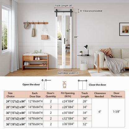 FREDBECK Bifold Barn Door 24x84 (Double 12x84) with 1 Lites Mirror,Bi-fold Closet Doors Hardware Kit Included,28" Track for 2 Doors, PVC, White,for Living Room, Bathrooms, Kicthen