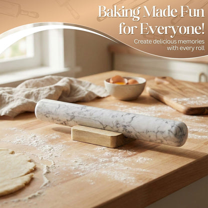 Flexzion French Rolling Pin, 12 Inch White Marble Rolling Pins for Baking with Wooden Base Holder Stand - Non-Stick Baking Roller for Baking Fondant, Crust, Pastry, Cookies, Pizza, Pasta