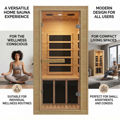 1-Person Home Sauna, 32.3IN x 27.2IN x 59IN Mini Canadian Hemlock Wood Far Infrared Sauna with 5 Low-EMF Carbon Heaters (60-140°F), 110V/900W, Bluetooth Speaker, Quick 30-Min Setup, Fits Any Room