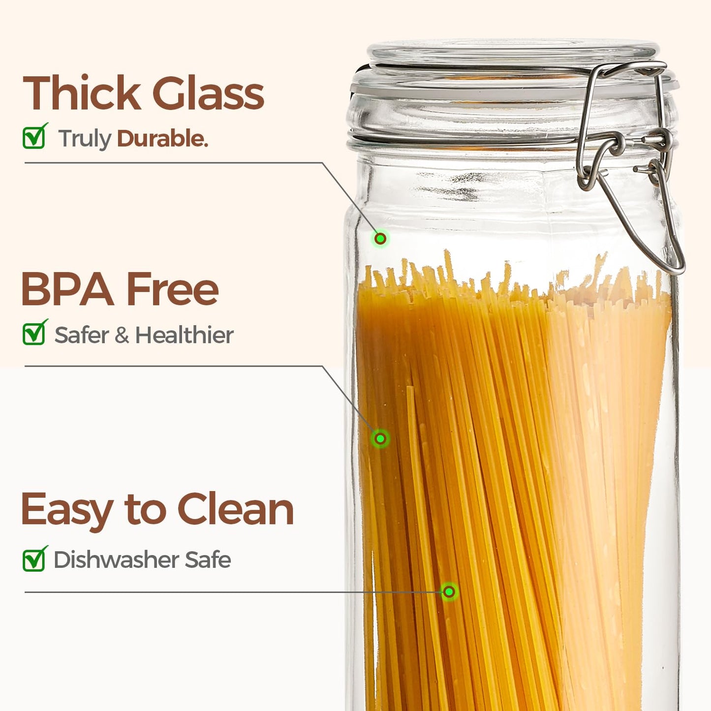 ComSaf 3-Pack 68oz 13-Inch Tall Glass Pasta Containers for Spaghetti & Long Pasta, Slender Airtight Canisters for Vertical Pantry Organization, Food Storage Jars for Linguine & Breadsticks