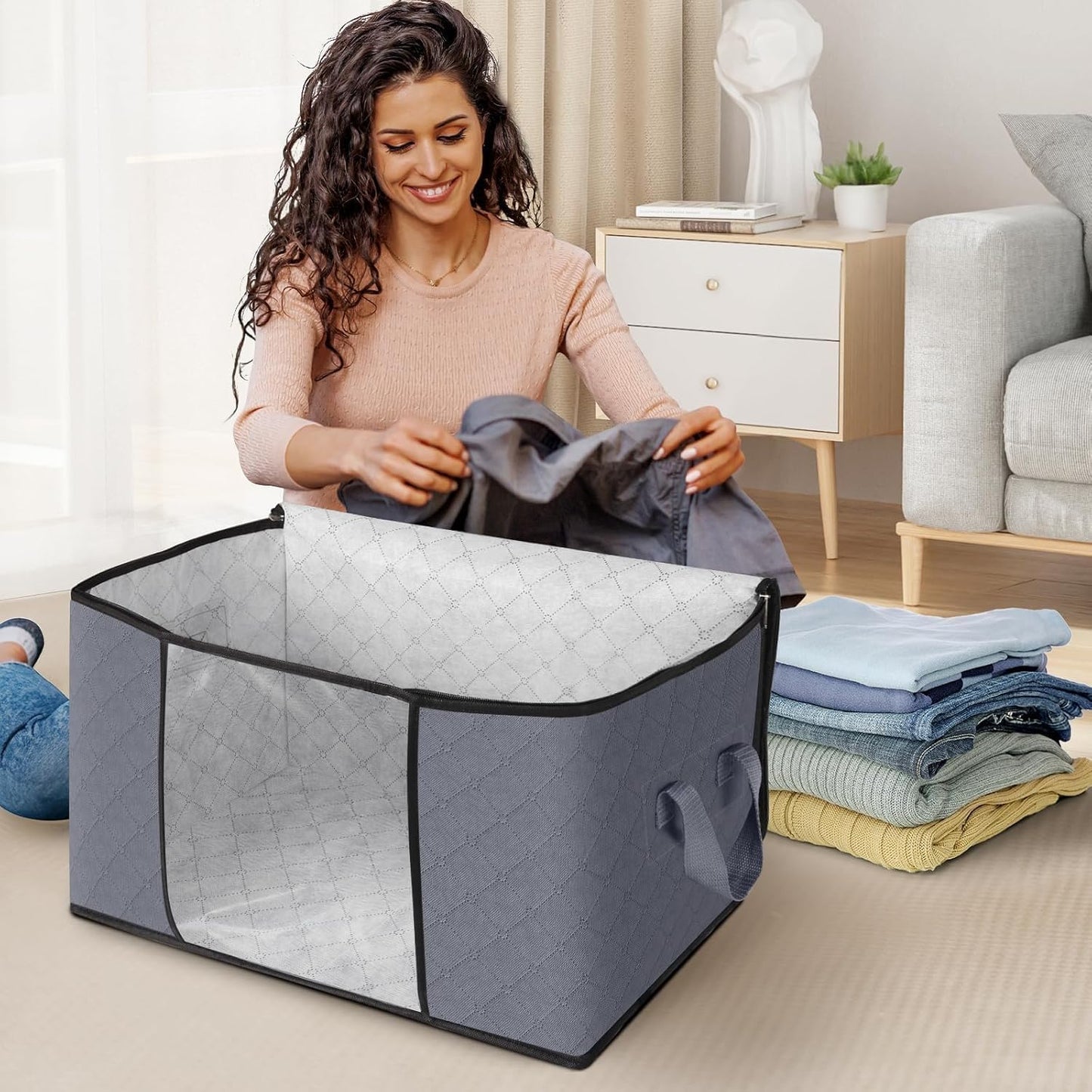 Skiennix Large Clothes Storage Bags - 4 Pack Foldable Organizers with Clear Window for Blankets & Seasonal Clothing | Gray