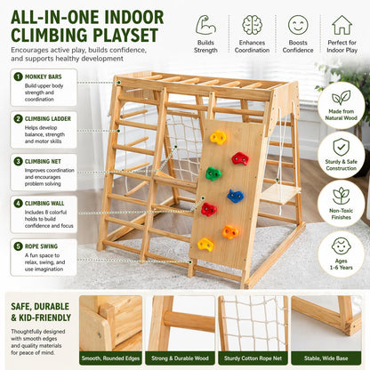 Avenlur Premium Wooden Indoor Climbing Gym for Kids – Montessori Playset with Climbing Wall, Ladder, Rope Net & Swing – Solid Natural Wood Toddler Playground, Ages 1–6