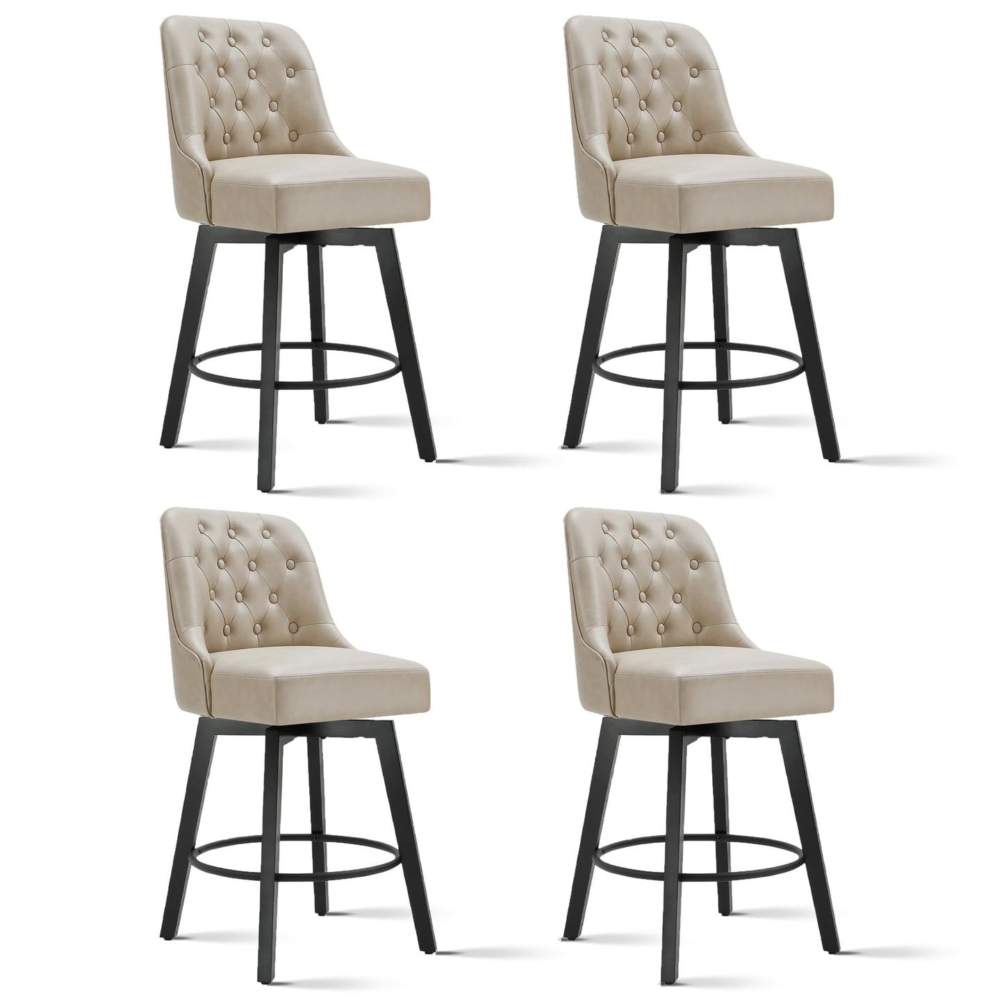 KISLOT Swivel Counter Height Bar Stools Set of 4, 26" Upholstered Faux Leather Barstools with Back,Thick Seat and Square Solid Wood Legs for Kitchen Island Home Bar, Beige