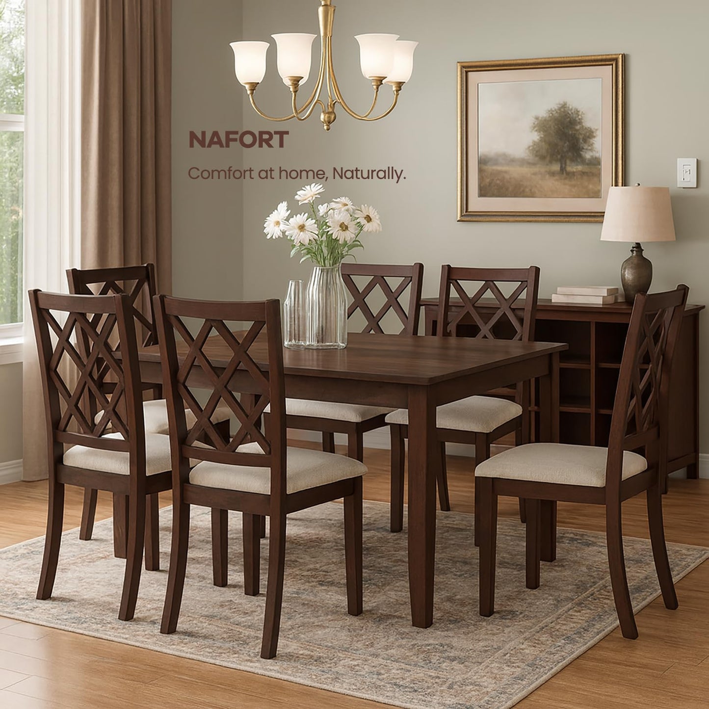 NAFORT Wooden Dining Chairs Set of 6, High Back Kitchen Chairs, Vintage Dining Room Chairs with Cushioned Seat, Solid Rubber Wood Legs, Max Load 400 Lbs, for Kitchen, Dining Room, Cafe, Restaurant