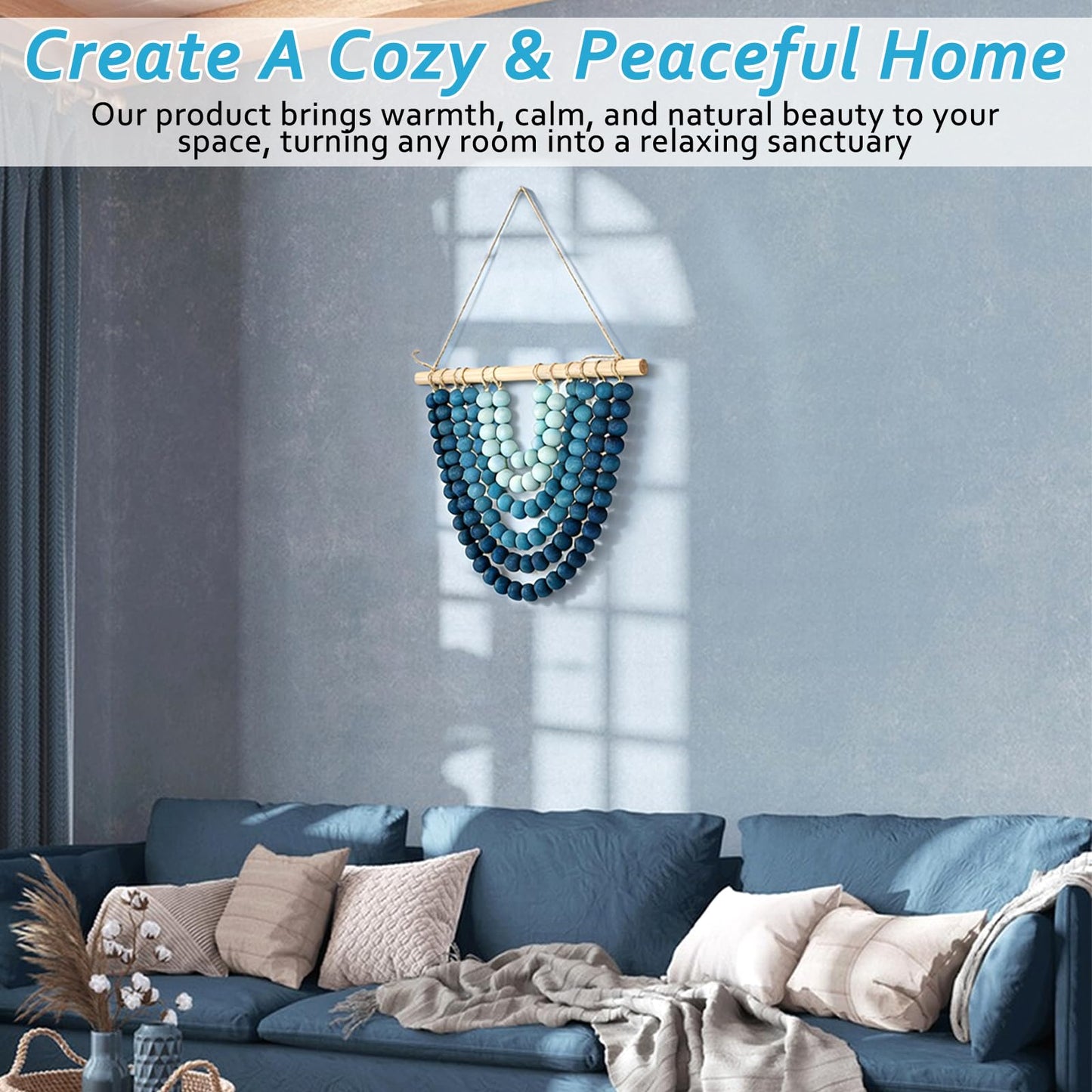 Boho Chic Wooden Bead Garland Wall Hanging Tapestry, Handcrafted Home Décor Inspired by Nature, Suitable for Living Room, Bedroom, Entryway, Nursery, Apartment & Dorm (Coastal Breeze Ombre, 12 inches)