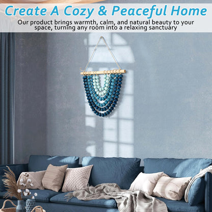 Boho Chic Wooden Bead Garland Wall Hanging Tapestry, Handcrafted Home Décor Inspired by Nature, Suitable for Living Room, Bedroom, Entryway, Nursery, Apartment & Dorm (Coastal Breeze Ombre, 12 inches)