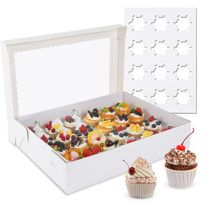 CHENZEM 24 Count Cupcake Box, 8 Pack Cupcake Containers with Windows and Inserts, Disposable Cupcake Carriers for Muffins, Treats, Pastries, Mother's Day 19 x 14 x 3.9 Inches (White, 24Count /8Pcs)