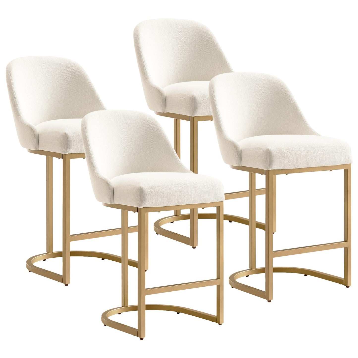 Leick Home 214957 Barrelback Counter Stool with Metal Base, Set of 4, for Elevated Kitchen Counters, High Top Tables, and Bars, Modern White Linen Seat and Gold Metal Base