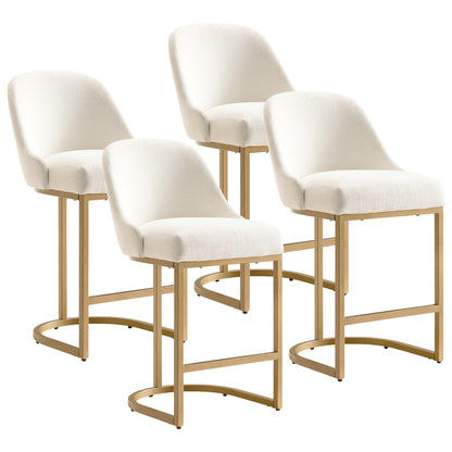 Leick Home 214957 Barrelback Counter Stool with Metal Base, Set of 4, for Elevated Kitchen Counters, High Top Tables, and Bars, Modern White Linen Seat and Gold Metal Base