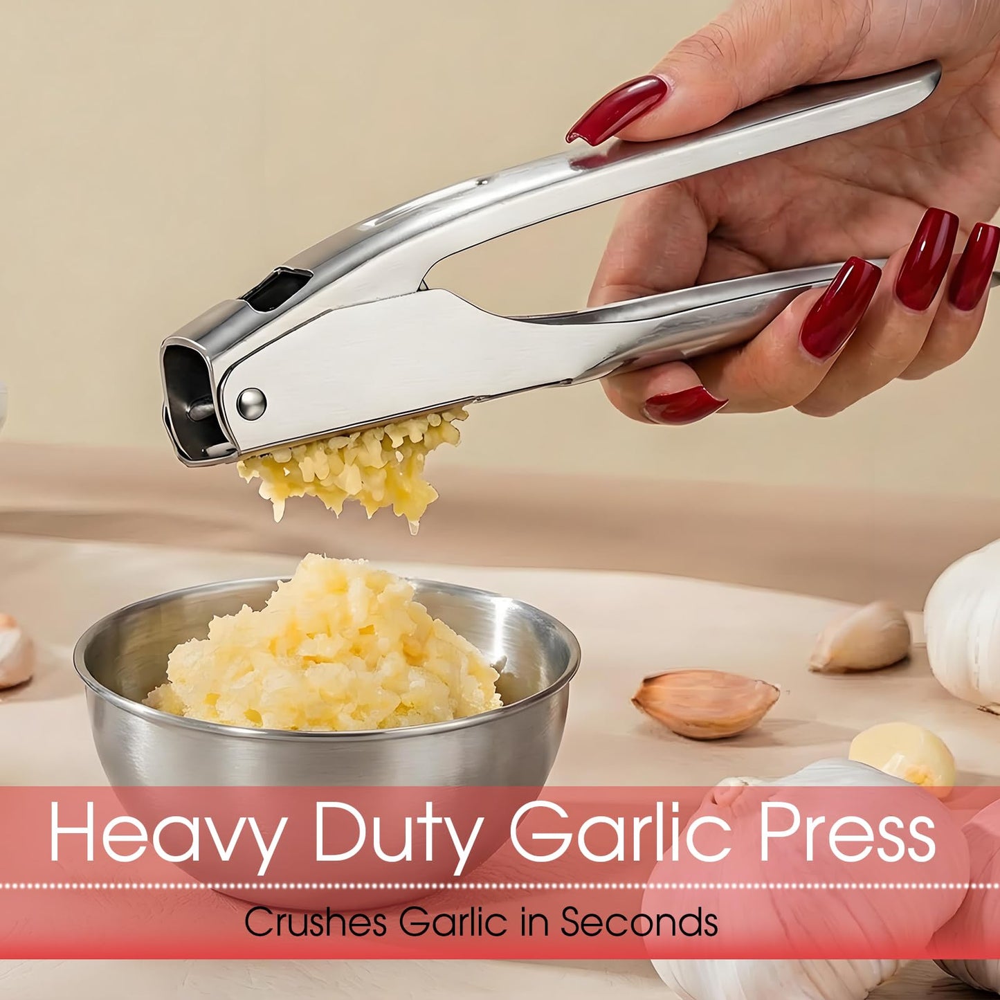 UOSLOR Garlic Press Heavy Duty Mincer and Peeler Set, Rust Proof 304 Stainless Steel Garlic Crusher, Easy-Squeeze Nut Ginger Chopper, Dishwasher Safe Kitchen Gadget