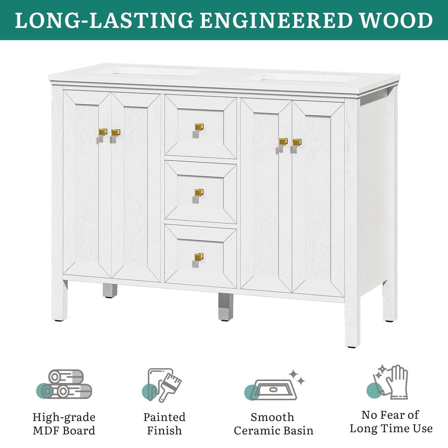YITAHOME 47 Inch Bathroom Vanity with Double Sink, Retro Bathroom Storage Cabinet with Sintered Stone Countertop, Six Holes, 4 Doors & 3 Drawers