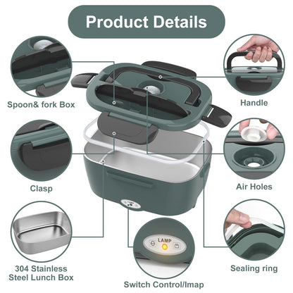 Electric Lunch Box Food Heater, 3 in 1 Ultra Quick Heated Lunch Boxes for Adults, 12V/24V/110V Portable Food Warmer for Car/Truck/Office With Fork Spoon and Insulated Carry Bag