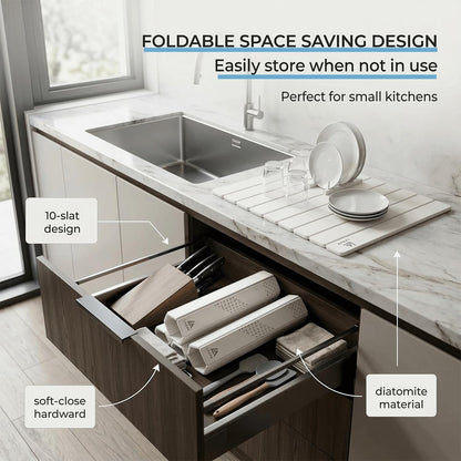 Foldable Diatomite Stone Drying Mat for Kitchen Counter, Fast Drying Dish Drying Mat, Stone Dish Drying Mat, Dish Mat Drying Kitchen Mat, Kitchen Drying Mat with 3 Silicone Dishwashing Brushes