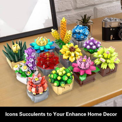 Succulents Set for Adults Building Sets, 12 Plants, Home Decor, Birthday Gifts for Women, Creative Housewarming Gifts, Botanical Collection, Flowers Succulents Artificial Plant Kit (1174 piece)