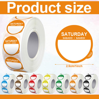 Sayglossy 7000 Pcs Day of Week Label Food Label Monday Through Sunday Management Inventory Sticker Removable Weekly Self Adhesive Date Dot Sticker for Restaurant Kitchen Container (Round)