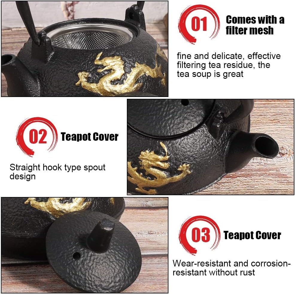 Japanese Tetsubin Cast Iron Tea Kettle - Stovetop Teapot with Gold Dragon Pattern, 0.3L