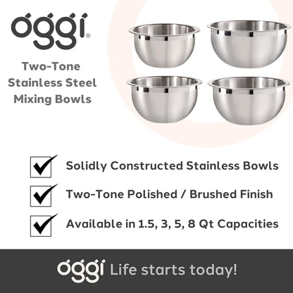 Oggi 3-Quart Two-Tone Stainless Steel Mixing Bowl for Mixing, Making Dough, Dressing Salads, Washing Vegetables