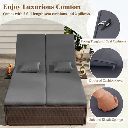 Tangkula Outdoor Rattan Daybed with 6-Level Adjustable Backrests, 2-Person Adjustable Wicker Recliner Bed with Cushions & Folding Side Trays, Double Sunbed Lounger for Balcony, Backyard & Poolside