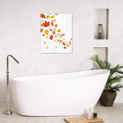LB Farmhouse Fall Wall Art - Red Orange Maple Leaf on Rustic Grey Canvas, Ready to Hang for Living Room and Bedroom,
