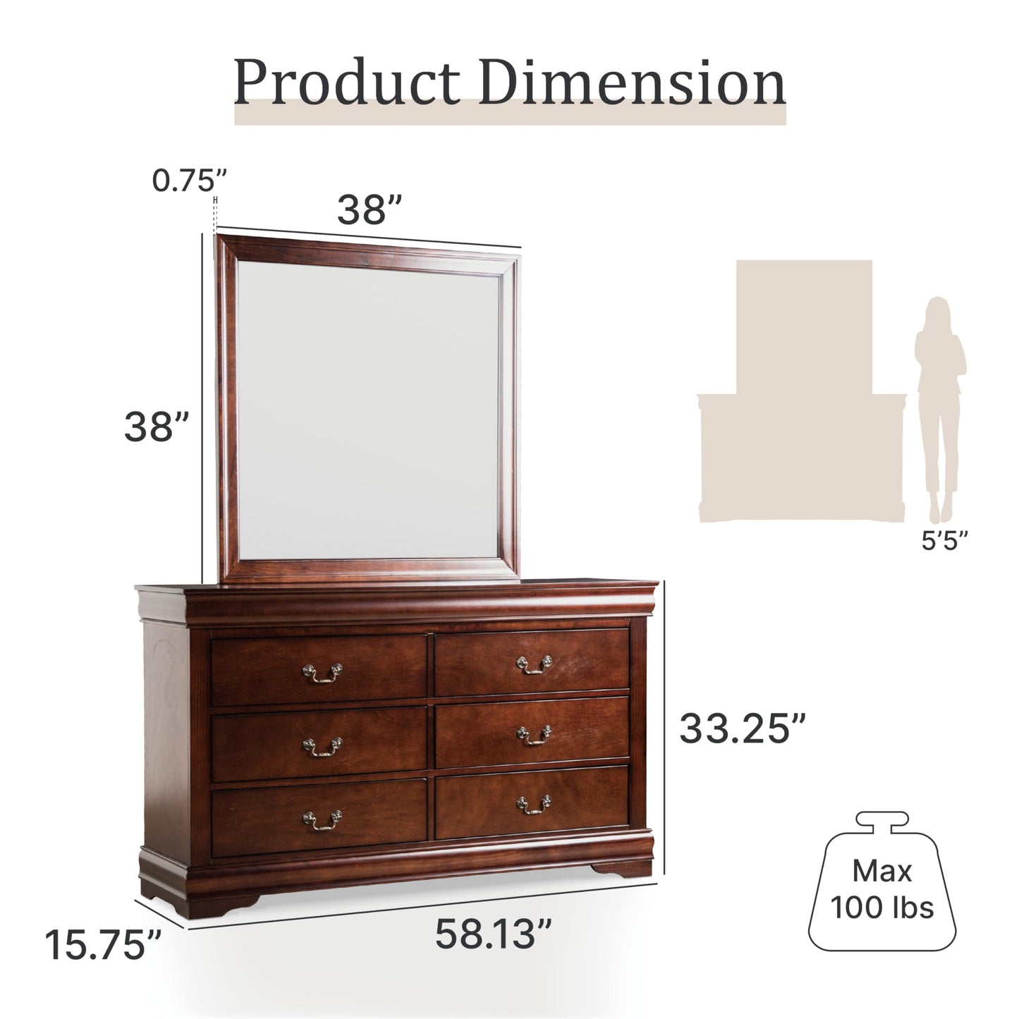 Furniture of America Louis Philippe Traditional Wooden 6 Drawer Dresser with Mirror, Vintage Bedroom Set, Accent Vanity Dressing Table with Antique Nickle Handles, Walk-in Closet, Cherry
