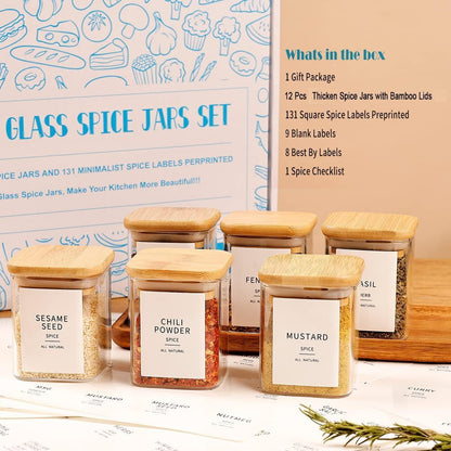 Glass Spice Jars with Bamboo Lids - 20 Pcs Thicken(2.4mm) 4oz Airtight Seasoning Containers with 131 Waterproof Minimalist Spice labels Preprinted - Small herb Jars for Pantry Organization and Storage
