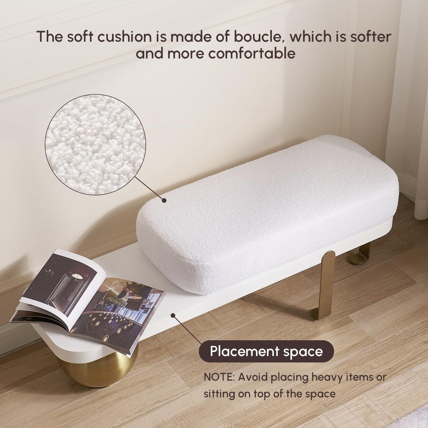 homary 47.2" Modern Entryway Bench, Wooden Boucle Upholstered Bench with Abstract Metal Legs, Lambswool Cushioned Seating for Entryway, Bedroom or Living Room