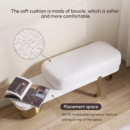 homary 47.2" Modern Entryway Bench, Wooden Boucle Upholstered Bench with Abstract Metal Legs, Lambswool Cushioned Seating for Entryway, Bedroom or Living Room