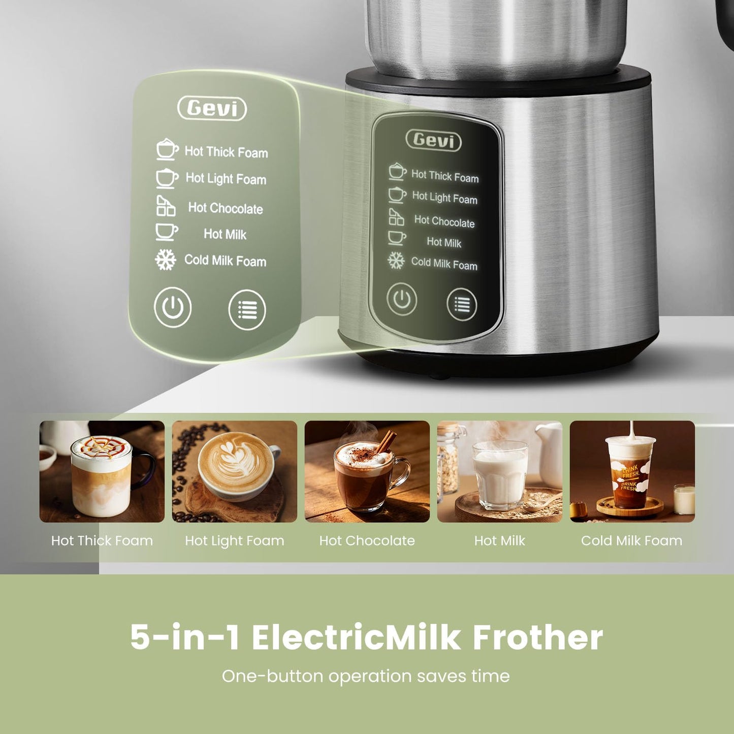 Gevi Milk Frother,5 in 1 Stainless Steel Professional Milk Steamer，Easy to Clean Hot Chocolate Maker,for Hot and Cold Milk Frother for Latte,Macchiato,Cappuccino and Hot Chocolate