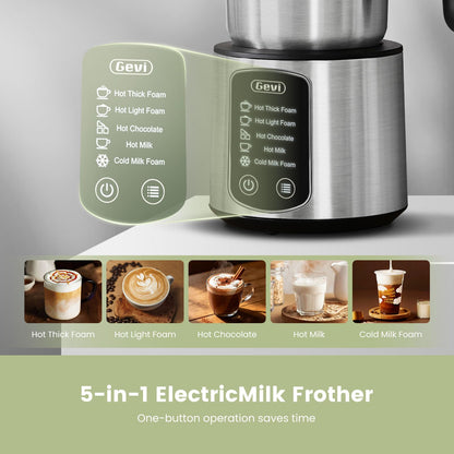 Gevi Milk Frother,5 in 1 Stainless Steel Professional Milk Steamer，Easy to Clean Hot Chocolate Maker,for Hot and Cold Milk Frother for Latte,Macchiato,Cappuccino and Hot Chocolate