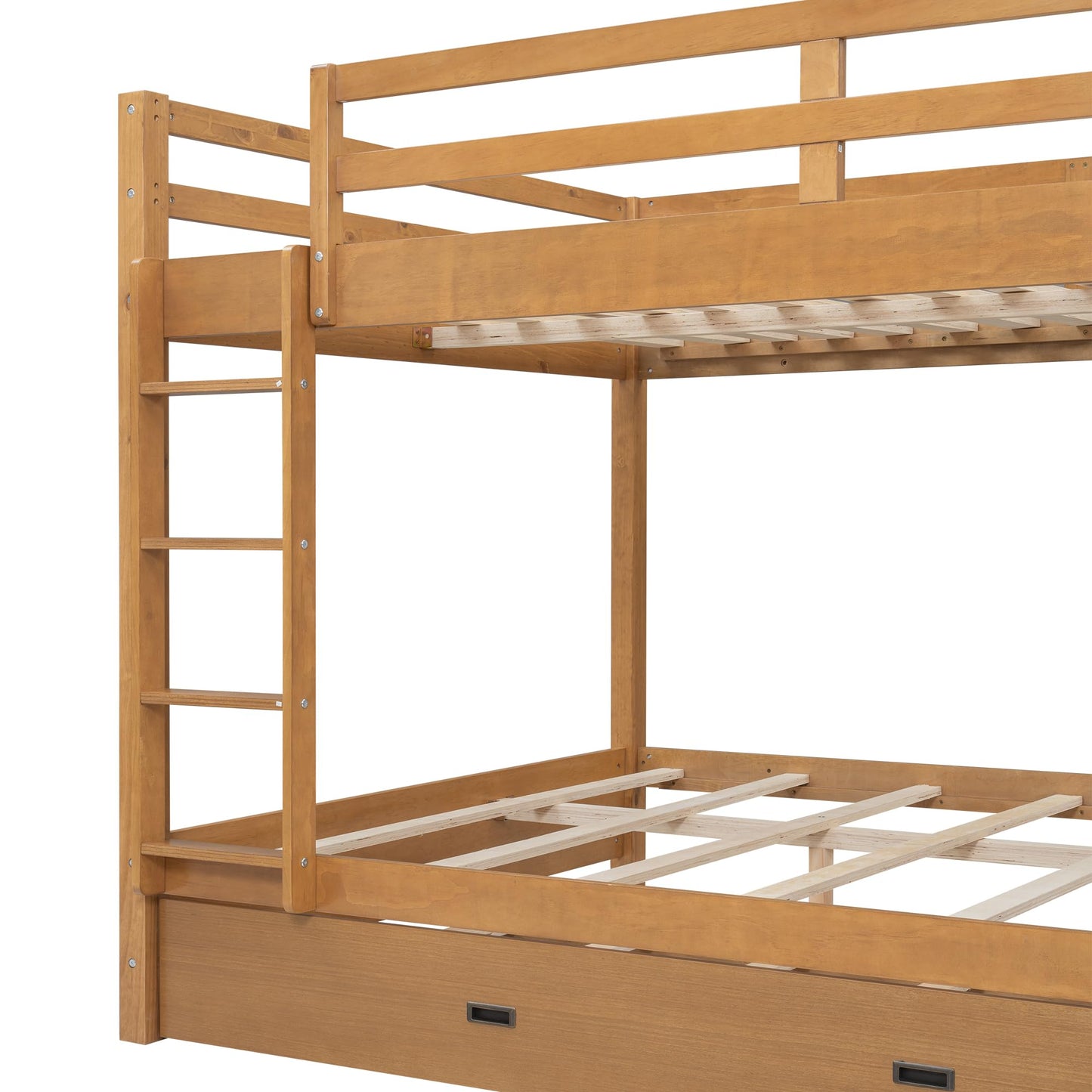 Merax Modern Queen Over Queen Size Wood Bunk Bed with Ladder and Twin XL Trundle, No Box Spring Required, Space-Saving, Wood Color