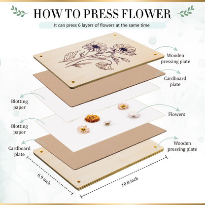 Aboofx Large Flower Press Kit for Adults,10.8"x6.9" 6 Layers Wooden Flower Pressing Kit for Pressed Flowers Herbs Leaf, DIY Flowers Preservation for Bookmark Wedding, Art & Craft Kits Gift for Adult