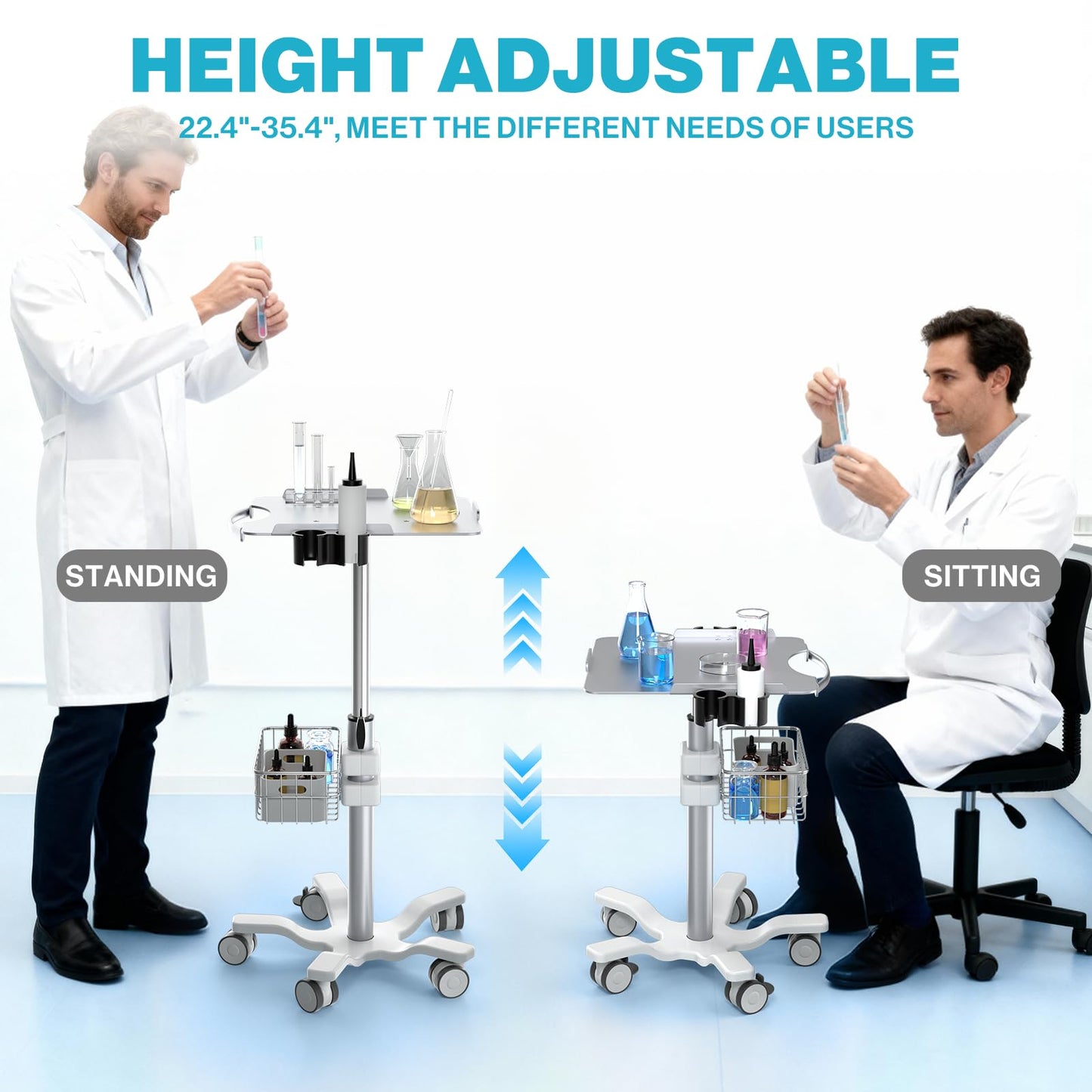 Medical Mobile Trolley Cart with Wheels - Height Adjustable Stainless Steel Dental Cart Rolling Desktop with 16.5"× 16.5" Large Tabletop for Dental Offices, Hospitals, Labs